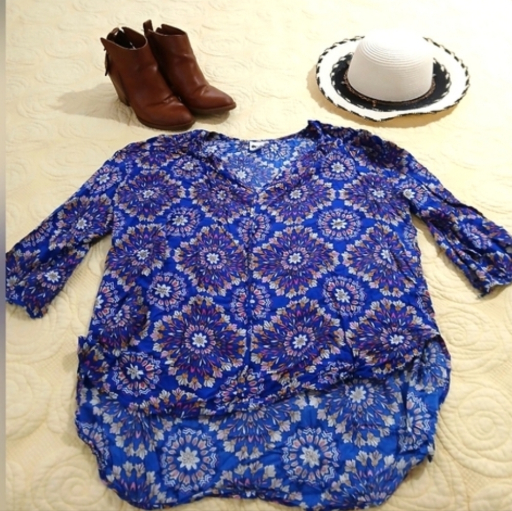 Stylus Blue Floral Boho Rayon Tunic Top XL Button Sleeve - Picture 6 of 6